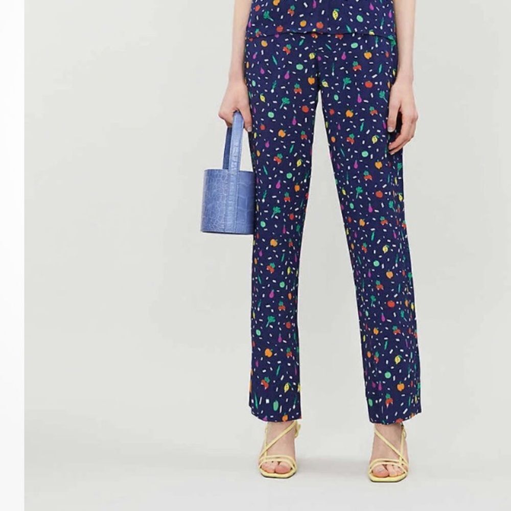 Staud Printed Wide Leg Crepe Trousers with all-over salad print wide leg size 6